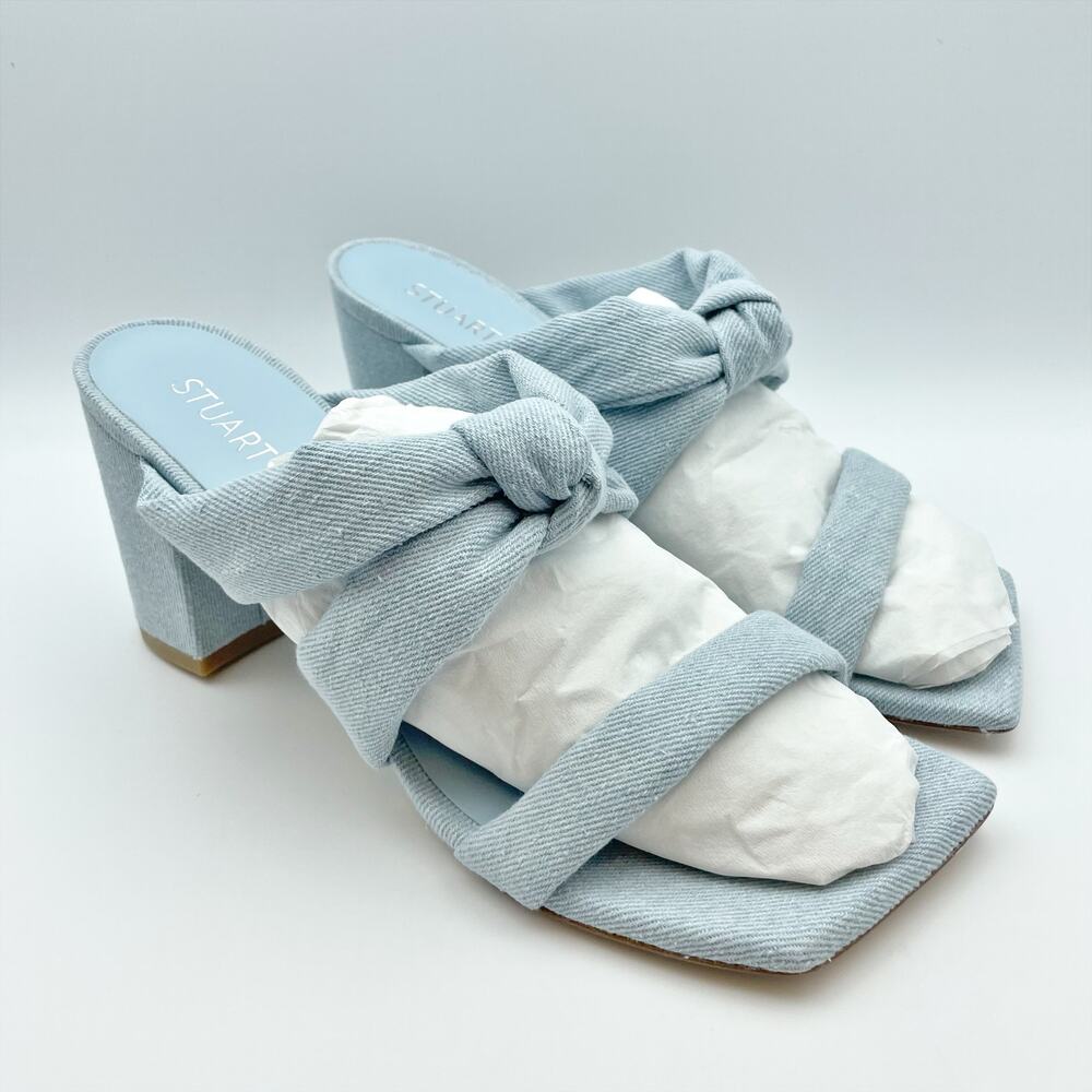 Stuart Weitzman Womens Playa 75 Knot Sandals 9.5M Blue Denim Block Heel NWOB - Picture 5 of 12